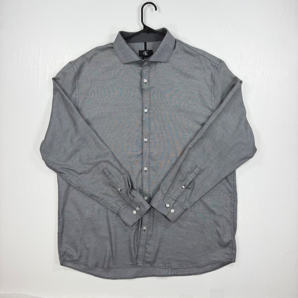 Calvin Klein Men's XL Gray Black Textured Button Down Shirt 100% Cotton Non-Iron